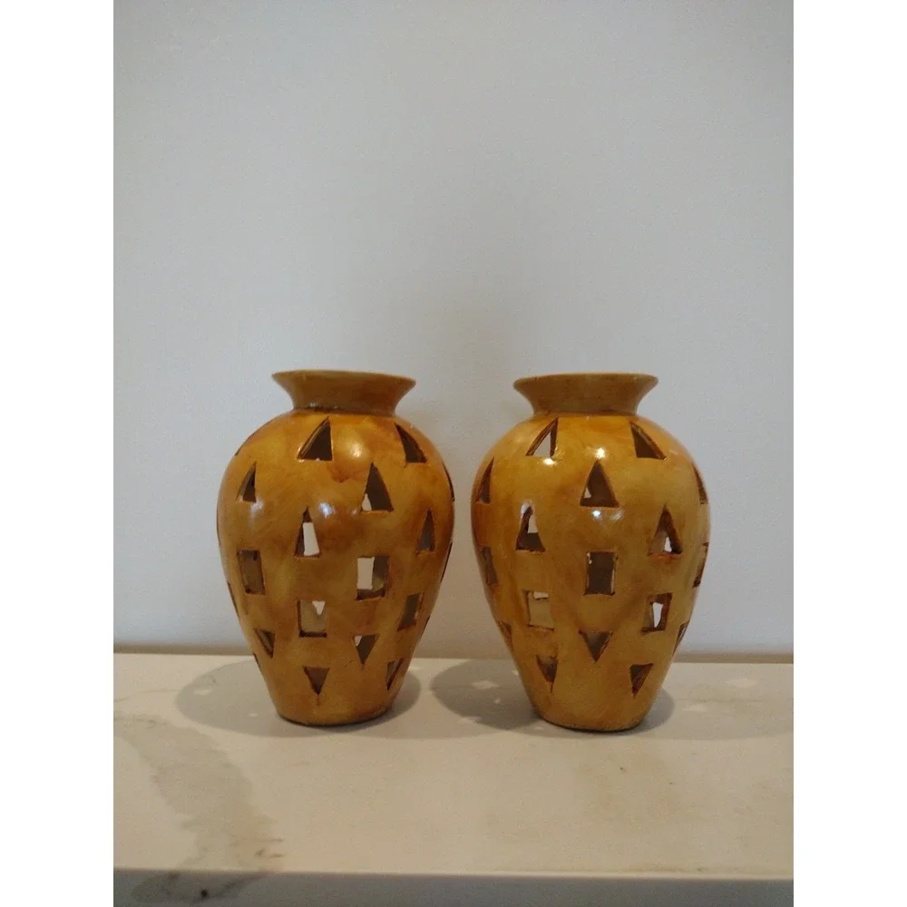 Pair Decorative Perforated Shapes Vase Antique Yellow‎ Resin Oval Shape